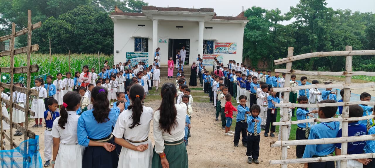 Morning assembly at the school entrance
